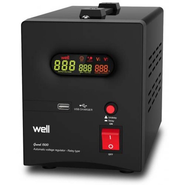 Stabilizator de tensiune cu releu Well 1500 VA, AVR-REL-GUARD1500-WL, Iesire USB - Prompt Service