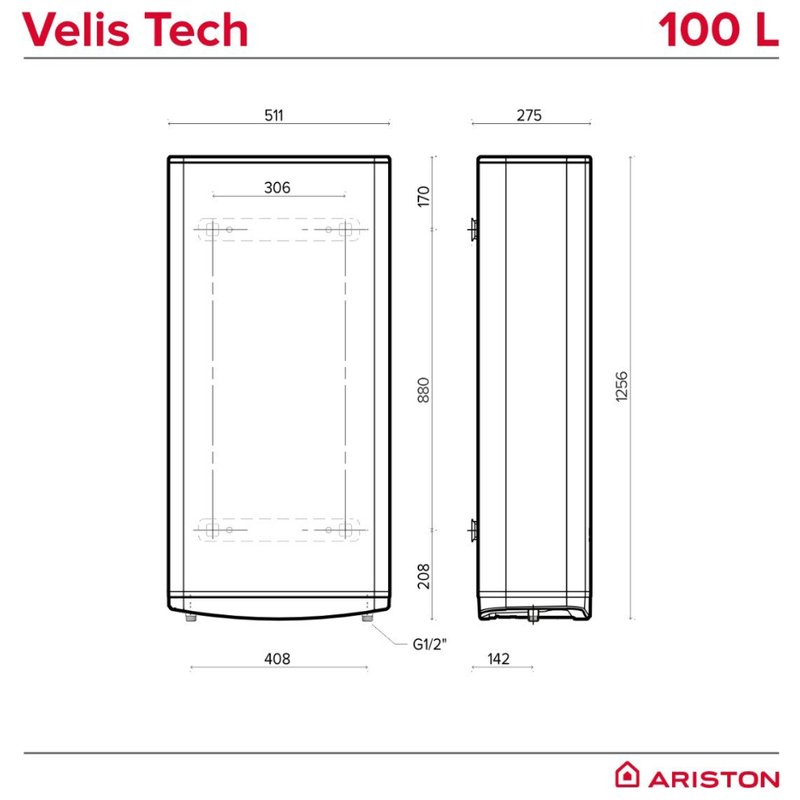 Boiler electric Ariston Velis Tech 100 EU, 100 litri - dimensiuni aparat