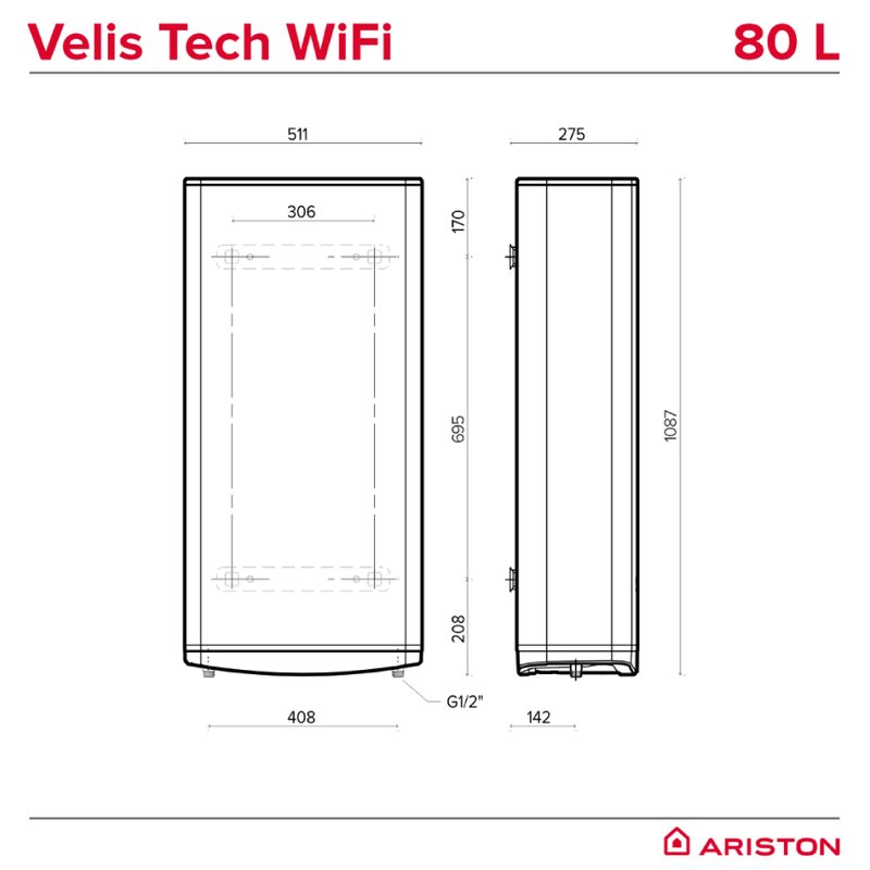 Boiler electric Ariston Velis Tech Wi-Fi 80 EU, 80 litri - dimensiuni aparat