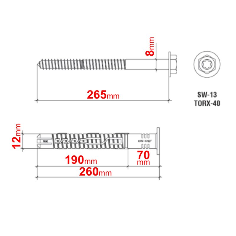 Diblu de fixare cu cap hexagonal Wkret-met Klimas, diametru 12 mm, lungime 260 mm - dimnesiuni