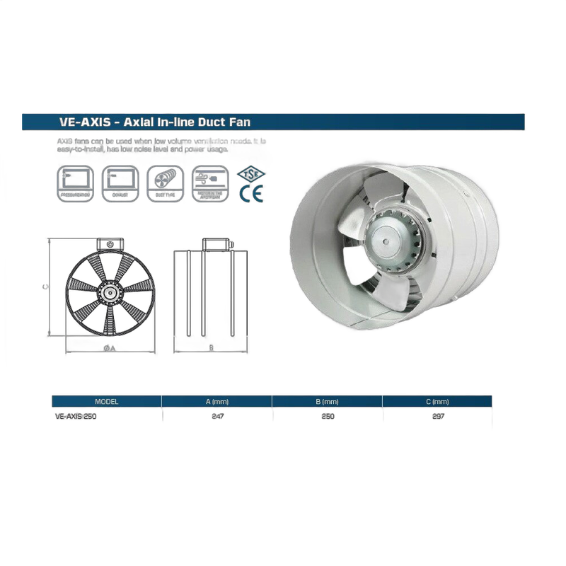 Ventilator Venteurope VT-Axis 250, industrial axial de tubulatura D250